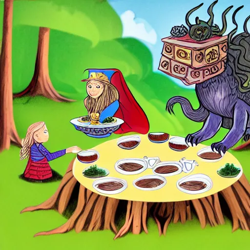 Image similar to children's book illustration of a manticore at a tea party with a gnome wizard and and ogre knight of the realm. Setting is a forest. Table is a tree stump with a kettle on top
