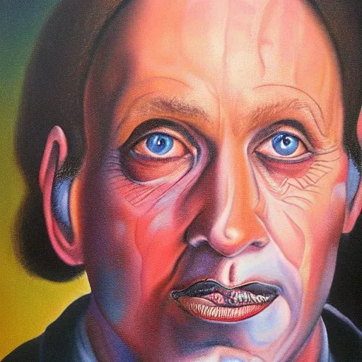 Prompt: a 1 9 8 1 airbrush painting, the face of a person named keith smeltwort