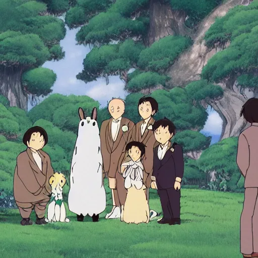 Image similar to STUDIO GHIBLI | an animal wedding at the farm, happy antropomorphic animals wearing wedding suits and robes, extended family, outside, mountain background, by Studio Ghibli, still picture, perfect movie shot, animation masterpiece, composition, framing, happy, hopeful, nostalgic