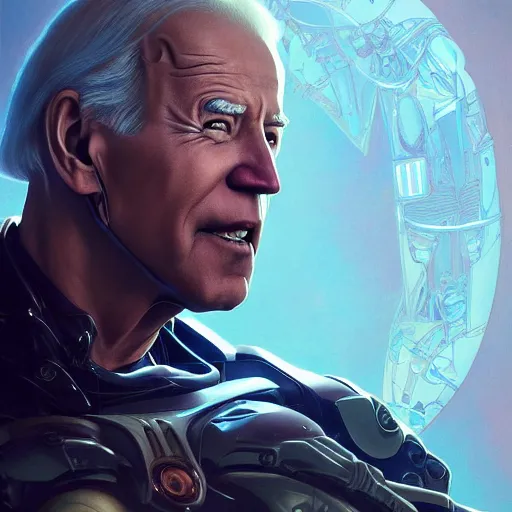 Image similar to cyborg Joe Biden from another dimension, cinematic lighting, intricate, elegant, highly detailed, digital painting, artstation, sharp focus, illustration, art by artgerm and greg rutkowski and alphonse mucha and Wayne Barlowe and william-adolphe bouguereau