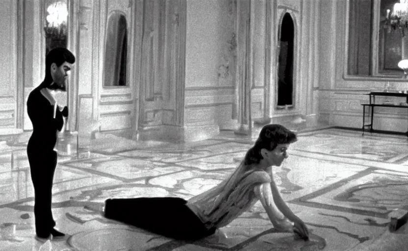 Image similar to a still from last year in marienbad ( 1 9 6 1 ), sharp, very detailed, great quality, french new wave cinema,