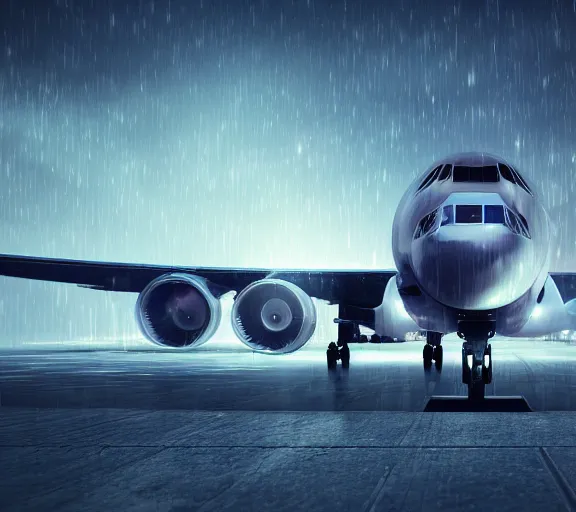 Prompt: immense futuristic jet plane arrives at runway of cyberpunk airport at night ,cinematic lighting, realistic photo , concept art