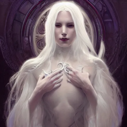 Prompt: ghost maiden, non-binary, white hair, long hair, gorgeous, amazing, elegant, intricate, highly detailed, digital painting, artstation, concept art, sharp focus, illustration, art by artgerm and greg rutkowski and alphonse mucha