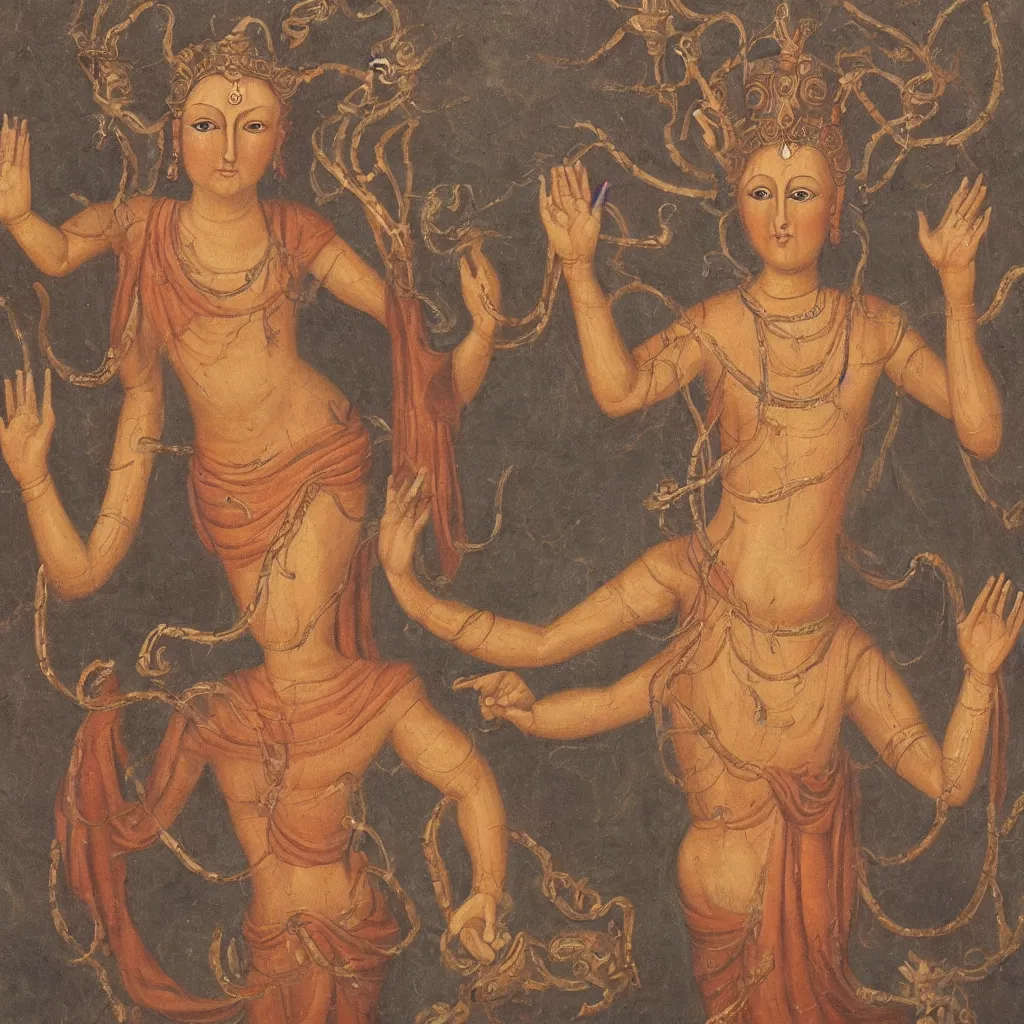 Image similar to young woman deity with multiple arms, highly detailed, oil painting