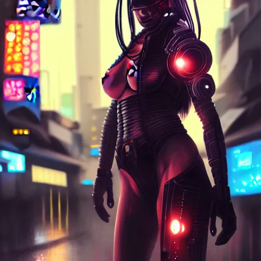 Image similar to An epic comic hyperrealistic painting of a cyber warrior girl, attractive, faces and details painted by WLOP, cyberpunk style color, heavy rainning at tokyo street night, neon lights all around, Matte painting, smoke, cinematic lighting, corona render, arnold render, movie concept art, 8k, RPG portrait, Concept world, rim lights, phtotrealistic, hdri