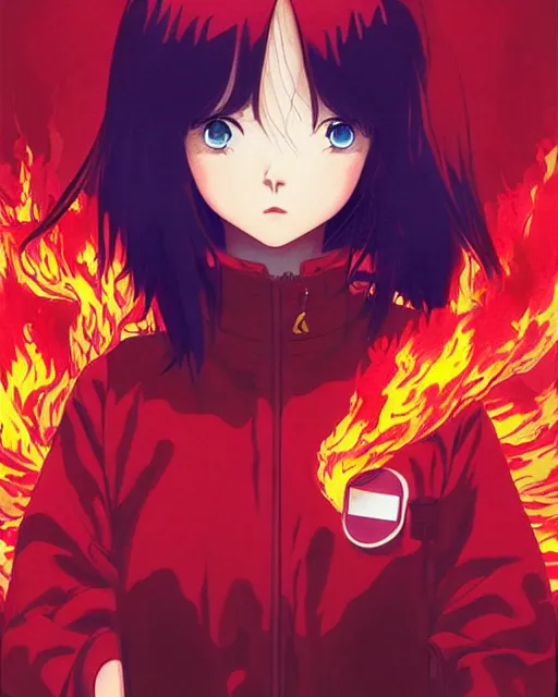 Image similar to fireman, covered in beautiful flames | | very very anime!!!, beautiful fine - face, audrey plaza, realistic shaded perfect face, fine details. anime. realistic shaded lighting poster by ilya kuvshinov katsuhiro otomo ghost - in - the - shell, magali villeneuve, artgerm