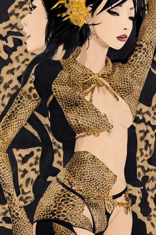 Image similar to yakuza slim girl, gold suit jacket in snake print, jacket over bare torso, yakuza tattoo Irezumi on body, black short curtain haircut, black leather pants with black belt, portrait, beautiful face, elegant, 2d, ultra highly detailed, digital painting, smooth, sharp focus, artstation, art by Ilya Kuvshinov, rossdraws