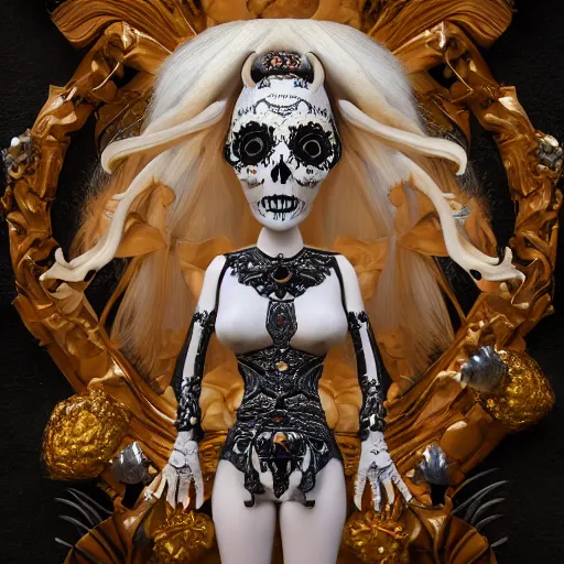 Image similar to champagne blonde lady changeling mythical satyr, humanoid with goat horns and goat legs, mid - waist self - portrait, perfect symmetry, intricate, dia de los muertos, skulls and flowers mask, aztec ultra detailed feathered dress 4 k resolution, octane rendering, ultra realistic, photo realism, beeple, 2 0 mm