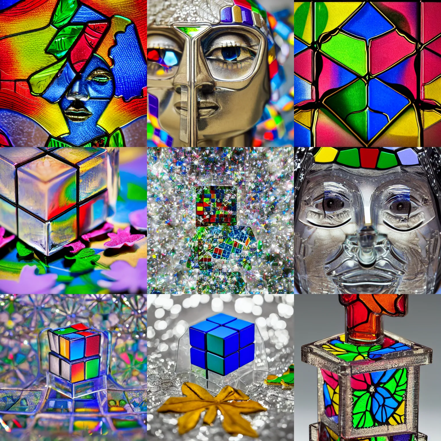 Prompt: close up portrait of Rubik the shining glass figurine, in empty space, embossed panel with leaves and flowers, carefully crafted, refracting light, caustics, light rays beaming through, epic 8k, Zeiss 75mm