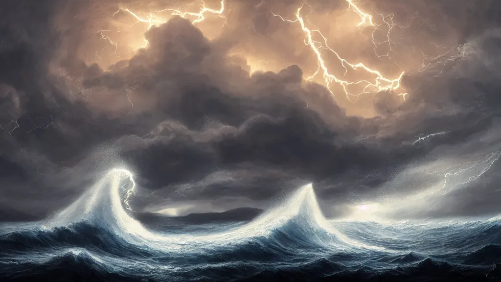 Prompt: a fantasy book landscape, massive giant black kraken in a stormy sea with a small boat, giant waves, lightning in the background, soft beautiful light, oil painting, 4 k