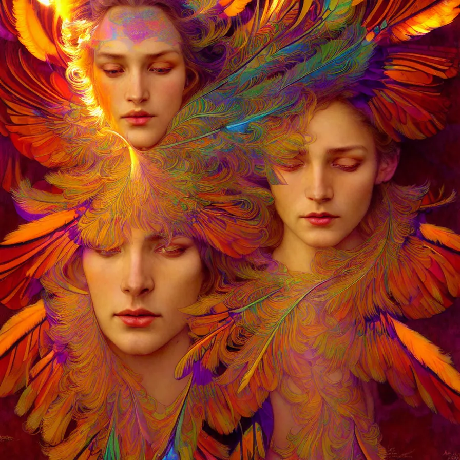 Image similar to face of innocent psychedelic transcendent feather mind bending psychedelic wings of glossy liquid honey flowing like kaleidoscopic translucent holograph, lsd feathers, feathery fluff, enlightenment, high contrast dappled lighting, refracted sunset, highly detailed, concept art, art by collier, albert aublet, krenz cushart, artem demura, alphonse mucha