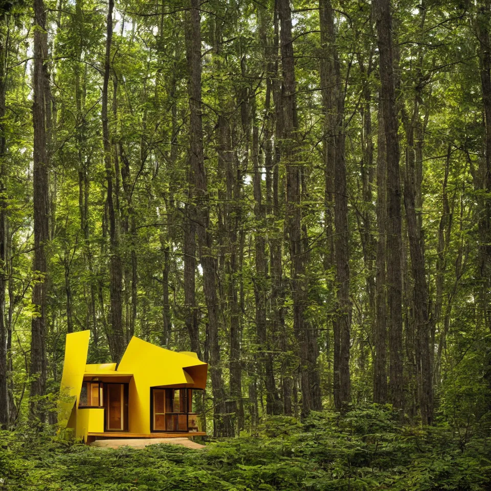 Image similar to a tiny tiny flat house in a light forest clearing, designed by Frank Gehry. Tiles. Film grain, cinematic, yellow hue