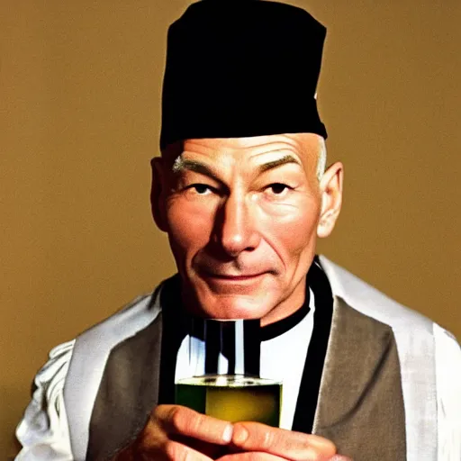 Image similar to patrick stewart drinking alcohol dressed in gown