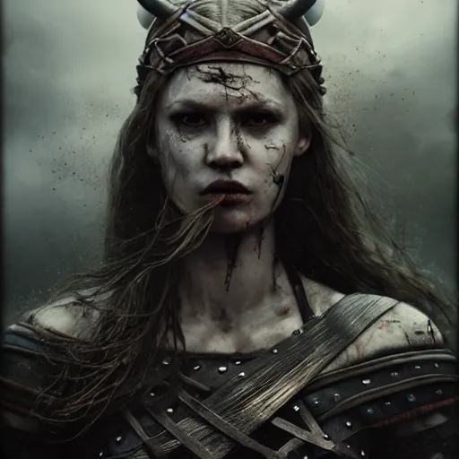 Prompt: Ultrawide realistic photo of a bloody fierce viking woman, leading a battle, battle-scarred mind-blowing details, ethereal, ominous, scarred, highly detailed, viking attire, cinematic, 16k, 1080s, smooth, sharp focus, by Stanley Artgermm, Tom Bagshaw, Greg Rutkowski, Vincent di Fate, Carne Griffiths, Ayami Kojima, trending on DeviantArt, hyper detailed, full of color, digital art, Vibrant colors, Smooth gradients, High contrast, depth of field, shot on Canon Camera