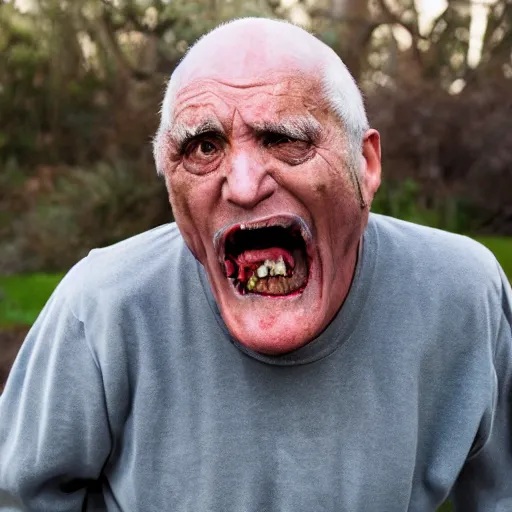 Image similar to insane old man in dark steel menace complex mouth