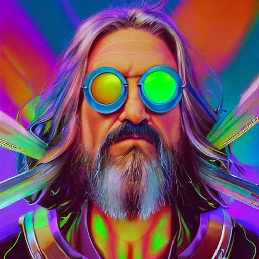 Image similar to a colorful closeup portrait of the a cybertronic mask depicting the dude from the big lebowski. dreamy vibes floating head and dreaming psychedelic hair. halo behind his head. trending on artstation. by peter mohrbacher and moebius and alex ross. intricate detail. hyperrealistic. photorealism. 8 k. flat design