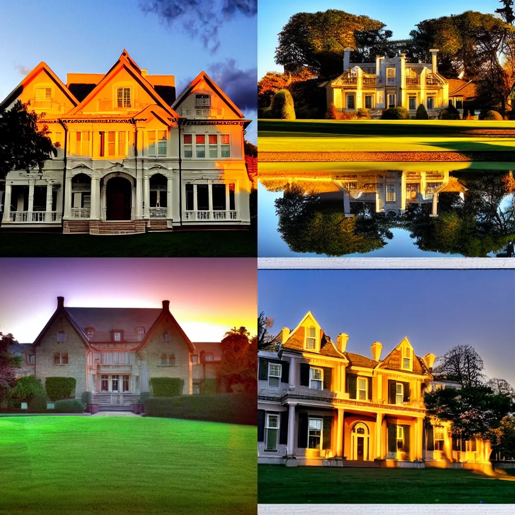 Prompt: a vibrant photograph of a mansion, wide shot, outdoors, sunset photo at golden hour, wide-angle lens, soft focus, shot on iphone 6, on flickr in 2007