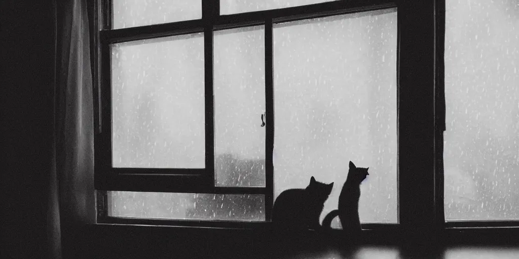 Image similar to silhouette of a girl and her cat, looking out a window on a rainy day, inside a cozy apartment, with a city view. atmospheric, moody, cozy, rainy day, backlit,