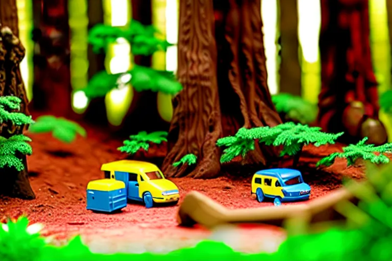 Image similar to fisher price redwood forest, california scene from tv show hyper detailed 5 5 mm 8 5 mm, toy photography, made out of plastic