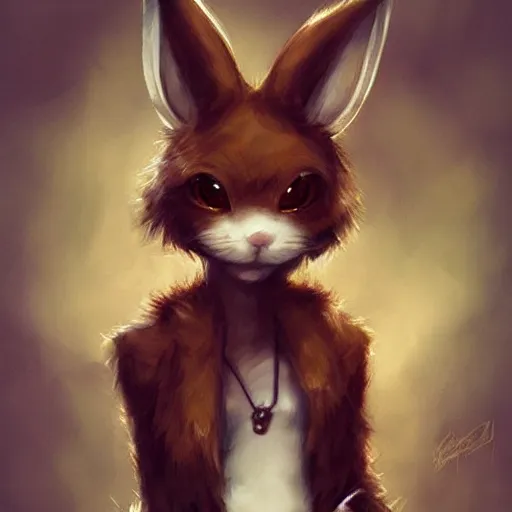 Image similar to cute anthropomorphic bunny, green eyes, brown fur, wlop, artgerm, royo