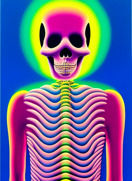 Prompt: skeleton by shusei nagaoka, kaws, david rudnick, airbrush on canvas, pastell colours, cell shaded, 8 k