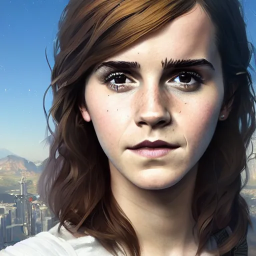 Image similar to highly detailed portrait, emma watson, in gta v, stephen bliss, unreal engine, fantasy art by greg rutkowski, loish, rhads, ferdinand knab, makoto shinkai and lois van baarle, ilya kuvshinov, rossdraws, tom bagshaw, global illumination, radiant light, detailed and intricate environment