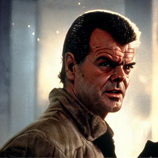 Prompt: 30 year old Jack Nicholson as Rick Deckard on blade runner 1982, movie still, in color, movie frame, detailed face, symmetrical face, 4k