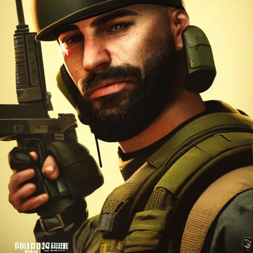 Image similar to a portrait of a Kaid from Rainbow Six Siege, ,operator, military , game concept art, illustration, HDR, natural light, shoulder level shot, dynamic pose, award winning photograph, Mucha style, 8k,