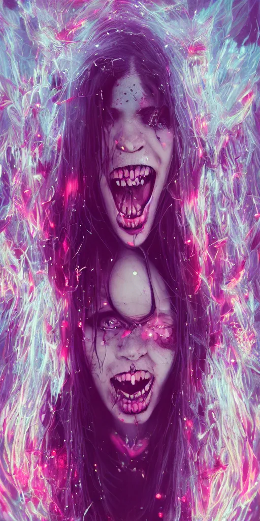 Image similar to impossibly beautiful vampire with large vampire fangs, magic, hypnosis, full body, intricate complexity, horror, psychedelic glitch art, rainbow drip paint, trending on art station, photoreal, 8k, octane render