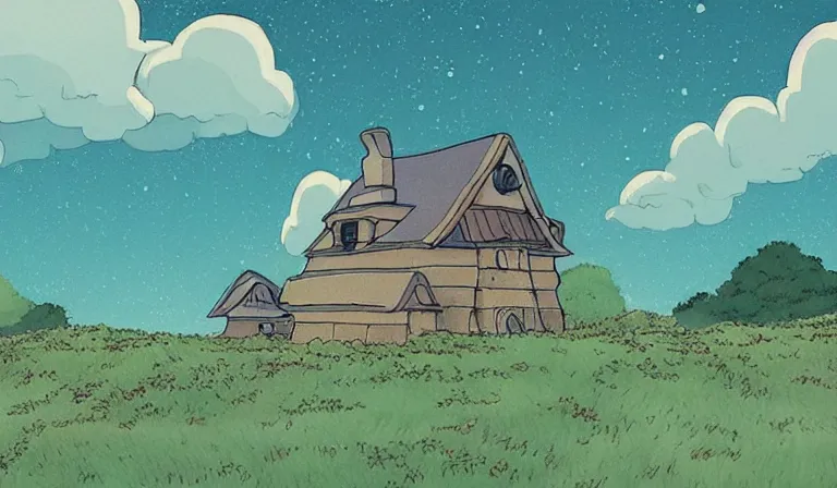 Image similar to A serene landscape with a singular building in the style of Studio Ghibli.