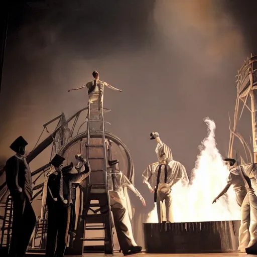 Prompt: award winning Production photo of the Hindenburg disaster the musical on broadway, dancing, singing, costumes by Julie Taymor, set design by Julie Taymor