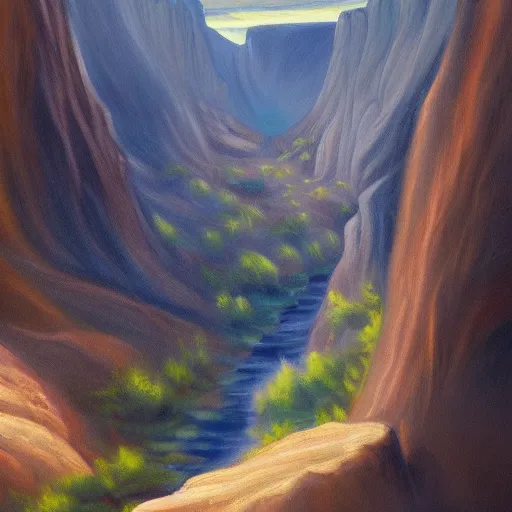 Image similar to beautiful oil painting of a canyon in between mountains, trending on artstation, high detail, realism, award winning, detailed lighting