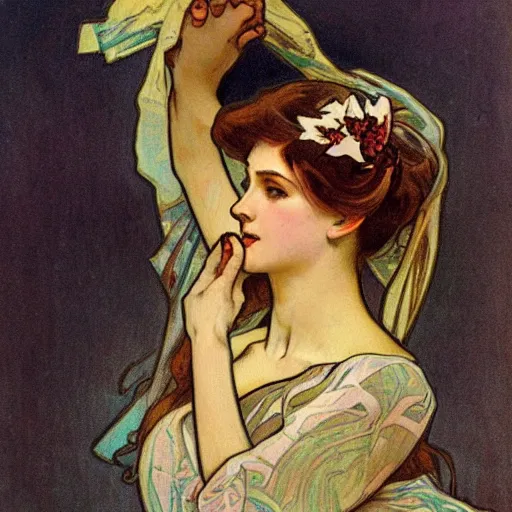 Image similar to ballerina, painted by alphonse mucha