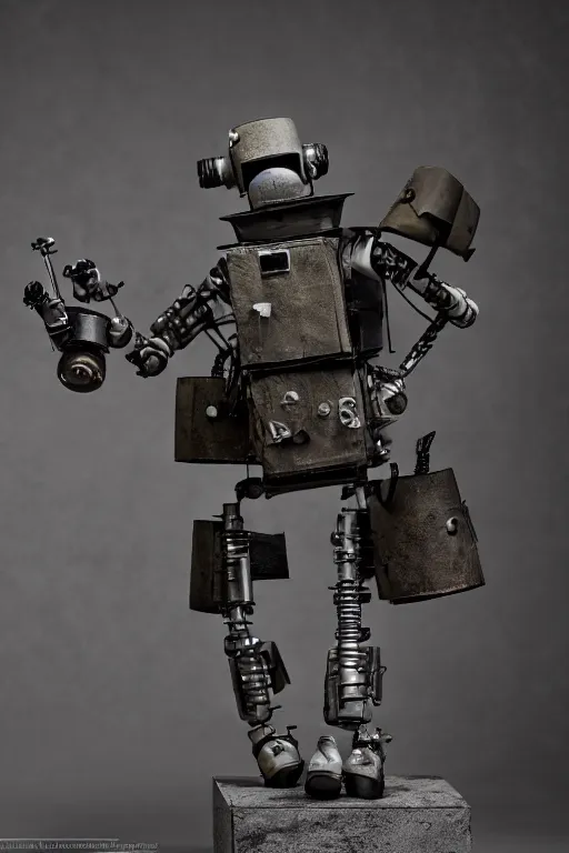 Prompt: a cinematic photo shot of a beautiful 1 : 6 scale threea toys figurine by ashley wood, world war one robot playing drums and electric guitar, black background, museum light, dark mood