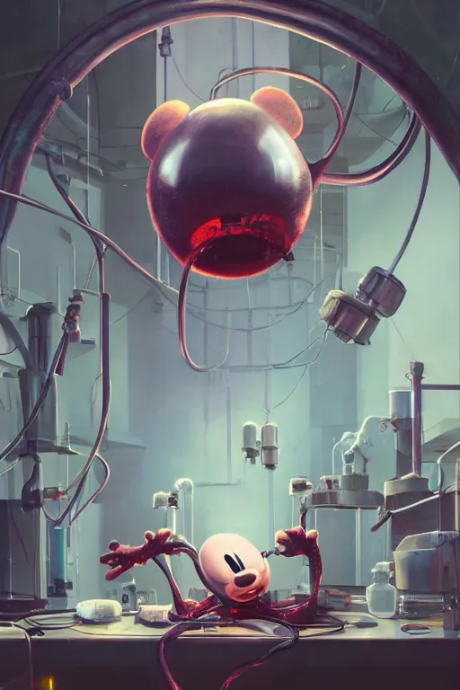 Image similar to mechanics scientist in lab facility looking at bloody mickey mouse head lifted by claw,, made by beeple, cgsociety, artgerm, greg rutkowski, highly detailed intricate 4 k art, low light cinematic, octane render, unreal engine, smooth concept art