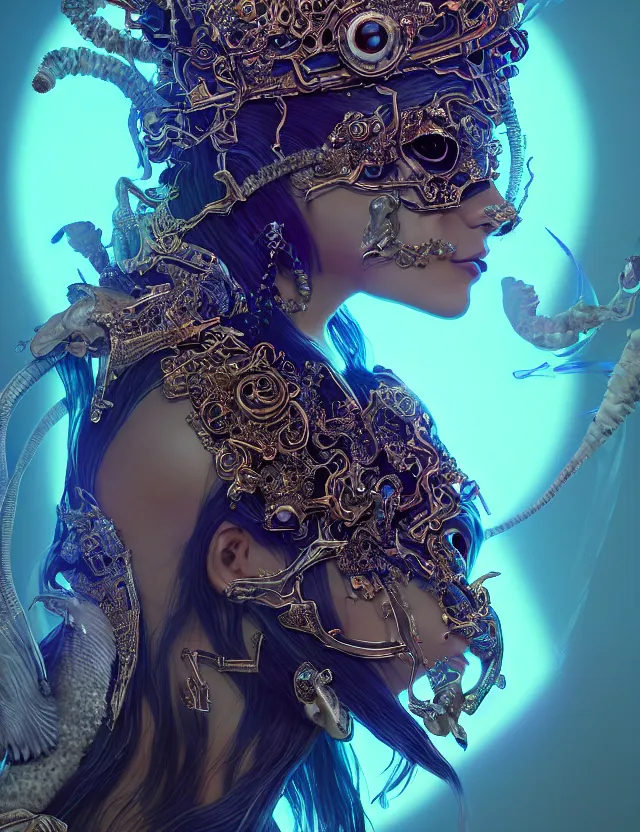 Image similar to 3 d goddess close - up profile portrait with crown, ram skull. beautiful intricately detailed cyberpunk japanese crow kitsune mask and clasical japanese kimono. betta fish, jellyfish phoenix, bio - luminescent, plasma, ice, water, wind, creature, artwork by tooth wu and wlop and beeple and greg rutkowski