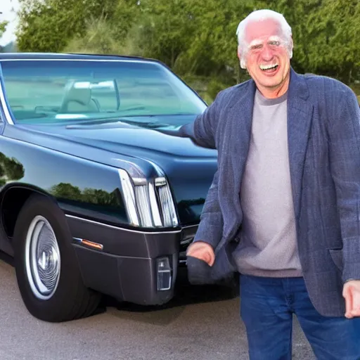 Prompt: a older man excited about his new cadillac