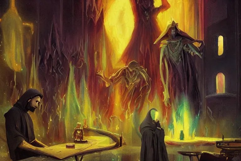 Image similar to ((A beautiful masterpiece painting) (of (a technomancer wizard (in robes (with pointed hood))) (discussing sentience with (his synthesized Al djinn) (in his laboratory (near a computer))) (by (Remedios Varo) and (Anato Finnstark) and (Greg Rutkowski)) (dayglo pink, dayglo blue, dazzle camouflage) (8k, trending on ArtStation)