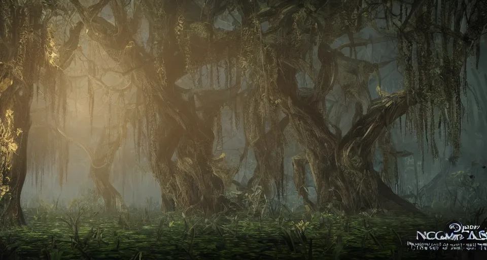 Prompt: A dense and dark enchanted forest with a swamp, from NCSOFT