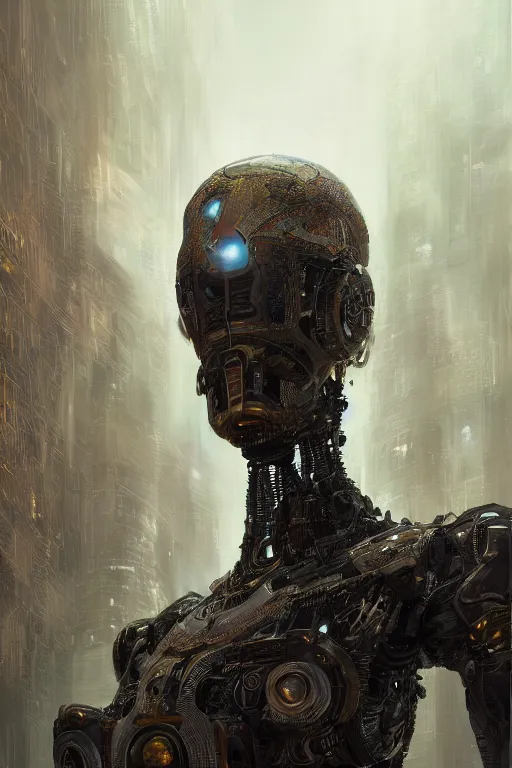 Prompt: sentient robot, close - up portrait, intricate, elegant, volumetric lighting, scenery, digital painting, highly detailed, artstation, sharp focus, illustration, concept art, luis rollo, ruan jia, steve mccurry, john berkey