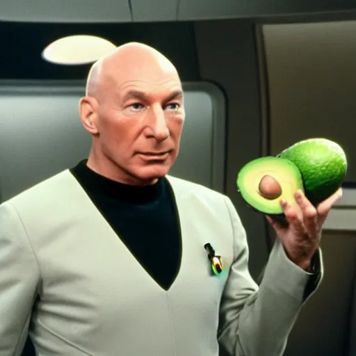 Prompt: jean - luc picard in star trek wearing an avocado for a hat and a face