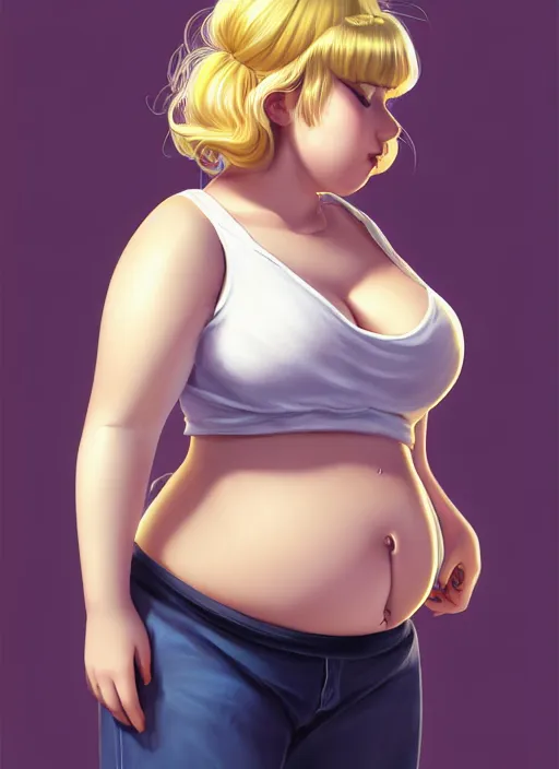 Image similar to full body teenage betty cooper, blonde hair, obese, bangs, ponytail, sultry, realistic, sultry smirk, ponytail, fluffy bangs, curly bangs, fat, belly, beautiful girl, intricate, elegant, highly detailed, digital painting, artstation, concept art, smooth, sharp focus, illustration, art by wlop, mars ravelo and greg rutkowski