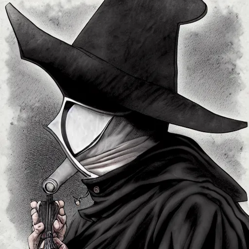 Image similar to a portrait of a plague doctor gunslinger, dark fantasy, horror, western, hell, ultrafine detailed digital pencil art by takeshi obata and mike mignola and greg rutkowski, death note style, colored, symmetric body, cgsociety, sharp focus, detailed face, looking at the camera