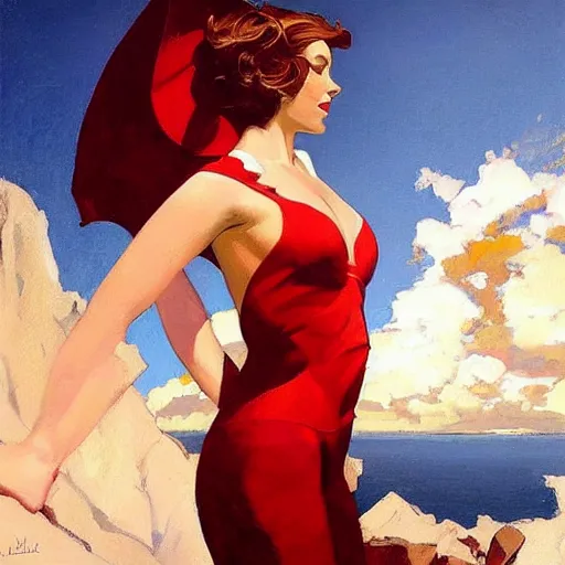 Image similar to an attractive female in a red suit standing on a cliff, looking out at a red ocean, jc leyendecker!! phil hale!, angular, brush strokes, painterly, vintage, crisp