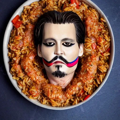 Prompt: johnny depp made out of jambalaya, a human face made out of a bowl of jambalaya, professional food photography