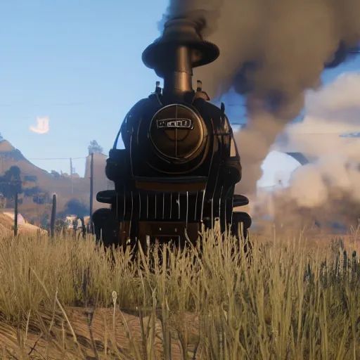 Image similar to futuristic sleek steam locomotive in red dead redemption 2