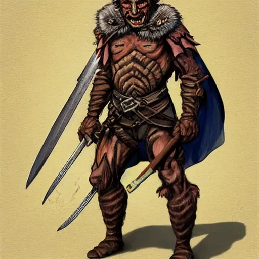 Image similar to full face and body D&D character art illustration of a hobgoblin fighter, by Wayne Reynolds.