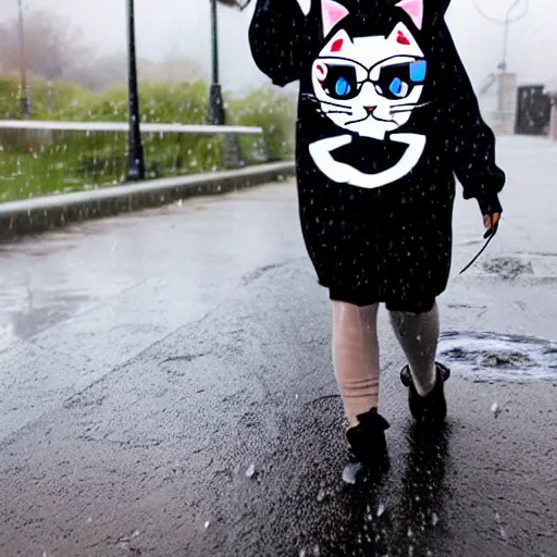 Image similar to a cute anime cyborg - girl wearing a cat hoodie walking in the rain