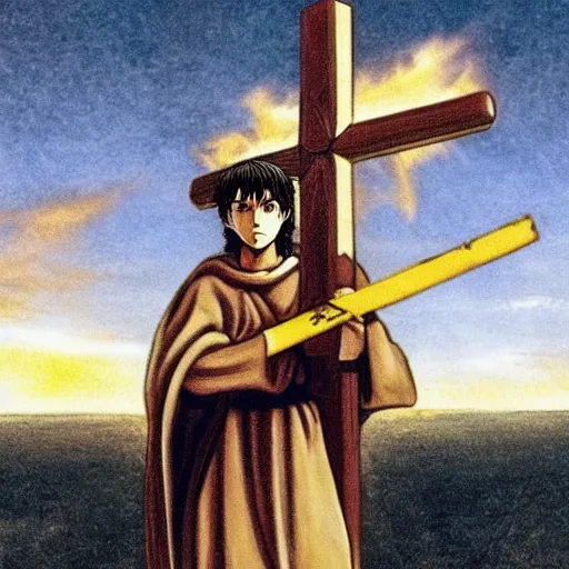 Image similar to Jesus posing with a giant wooden cross as weapon, in the style of Berserk by Kentaro Miura