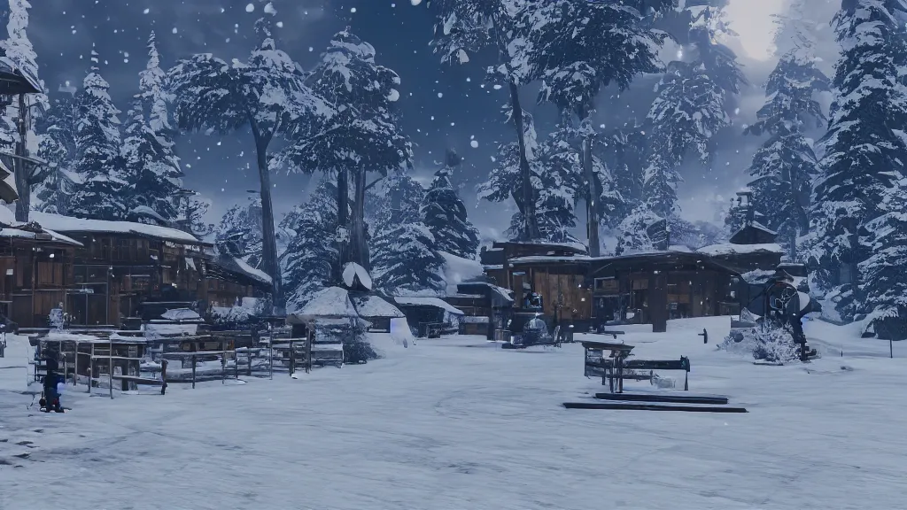 Prompt: beautiful Nier Automata landscape at a ski station, winter